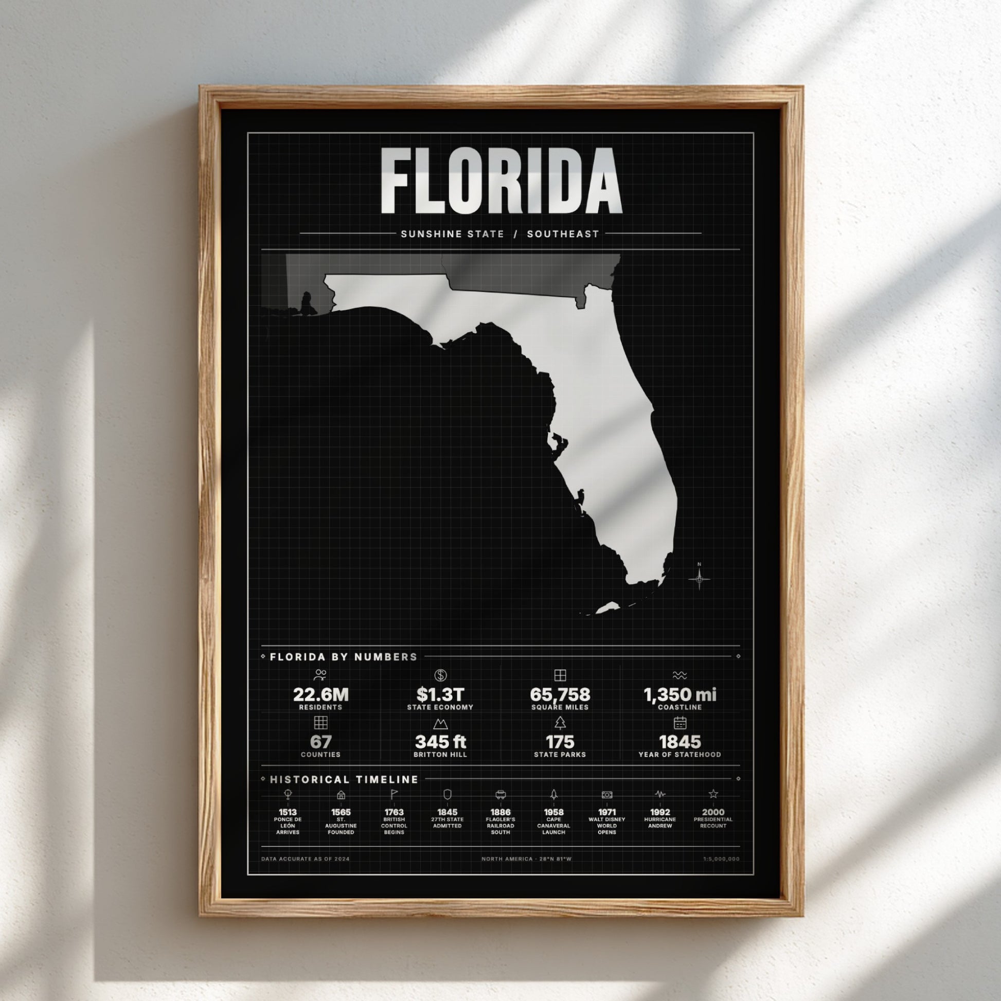Framed map of Florida with statistics on a light background