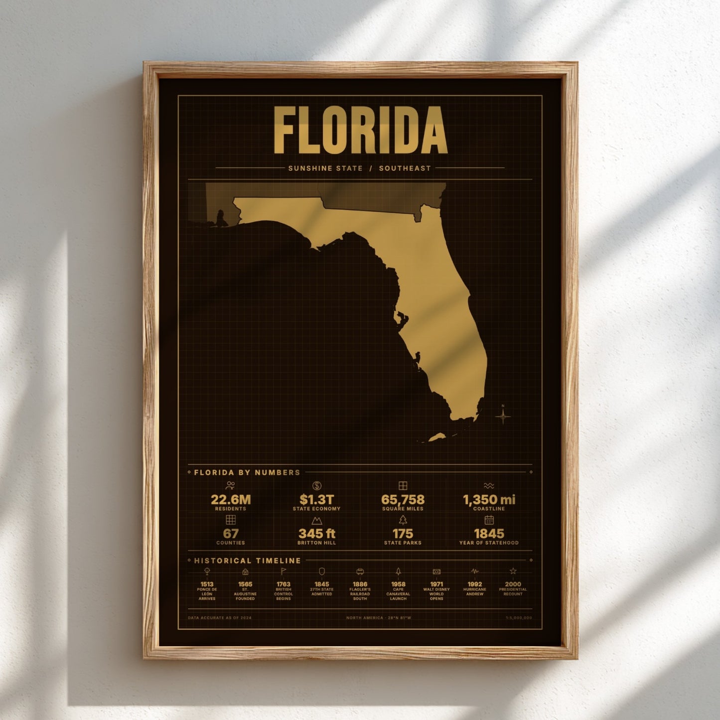 Framed map of Florida with gold ink on a black background, displayed on a light wall.
