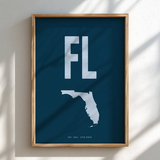 Framed poster with 'FL' and map of Florida on a blue background