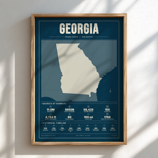 Framed map of Georgia on a white wall with natural light casting shadows.