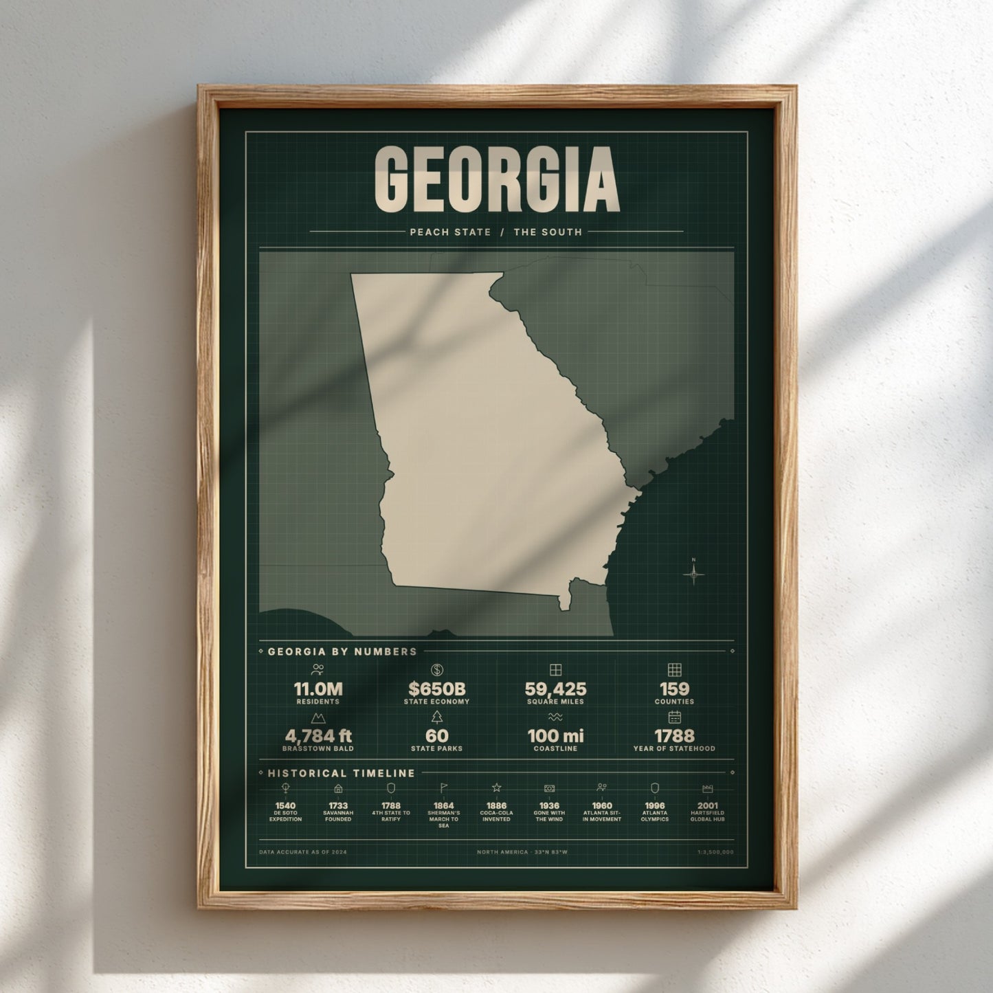 Framed map of Georgia with text and statistics on a white wall.