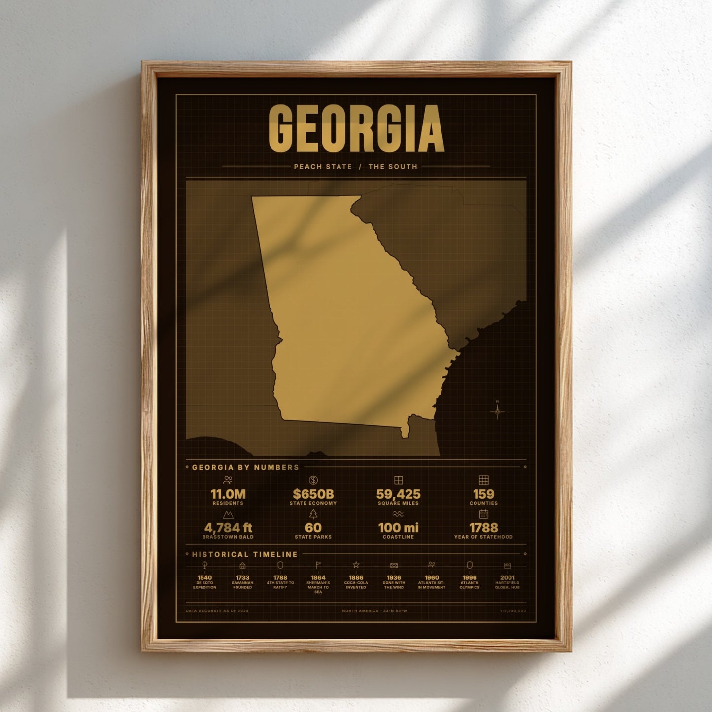 Framed poster of Georgia with gold map and text on a black background