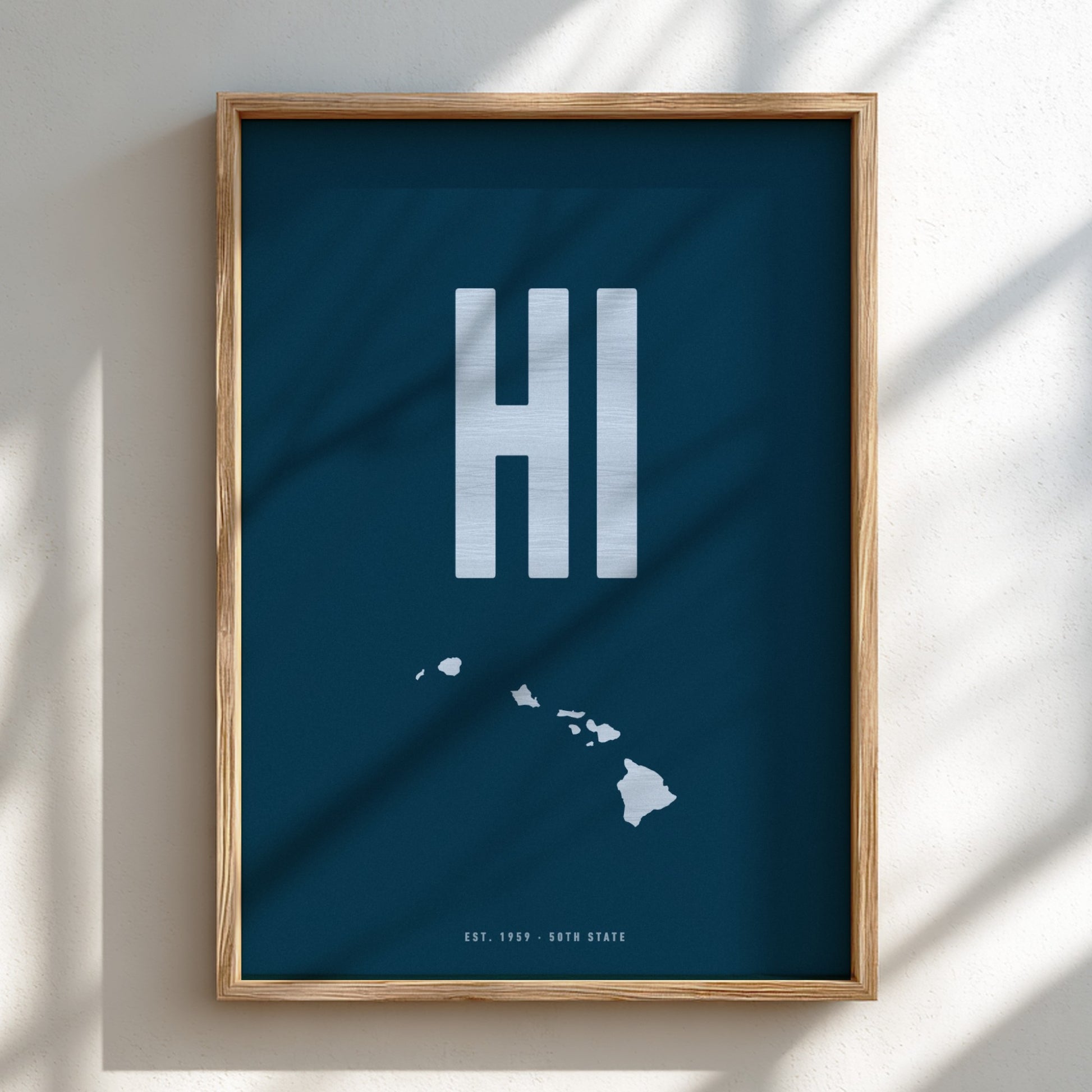 Framed poster with 'HI' and a map of Hawaii on a blue background