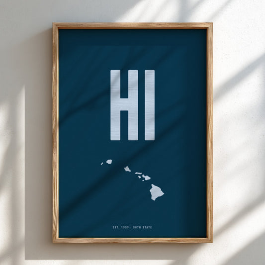 Framed poster with 'HI' and a map of Hawaii on a blue background