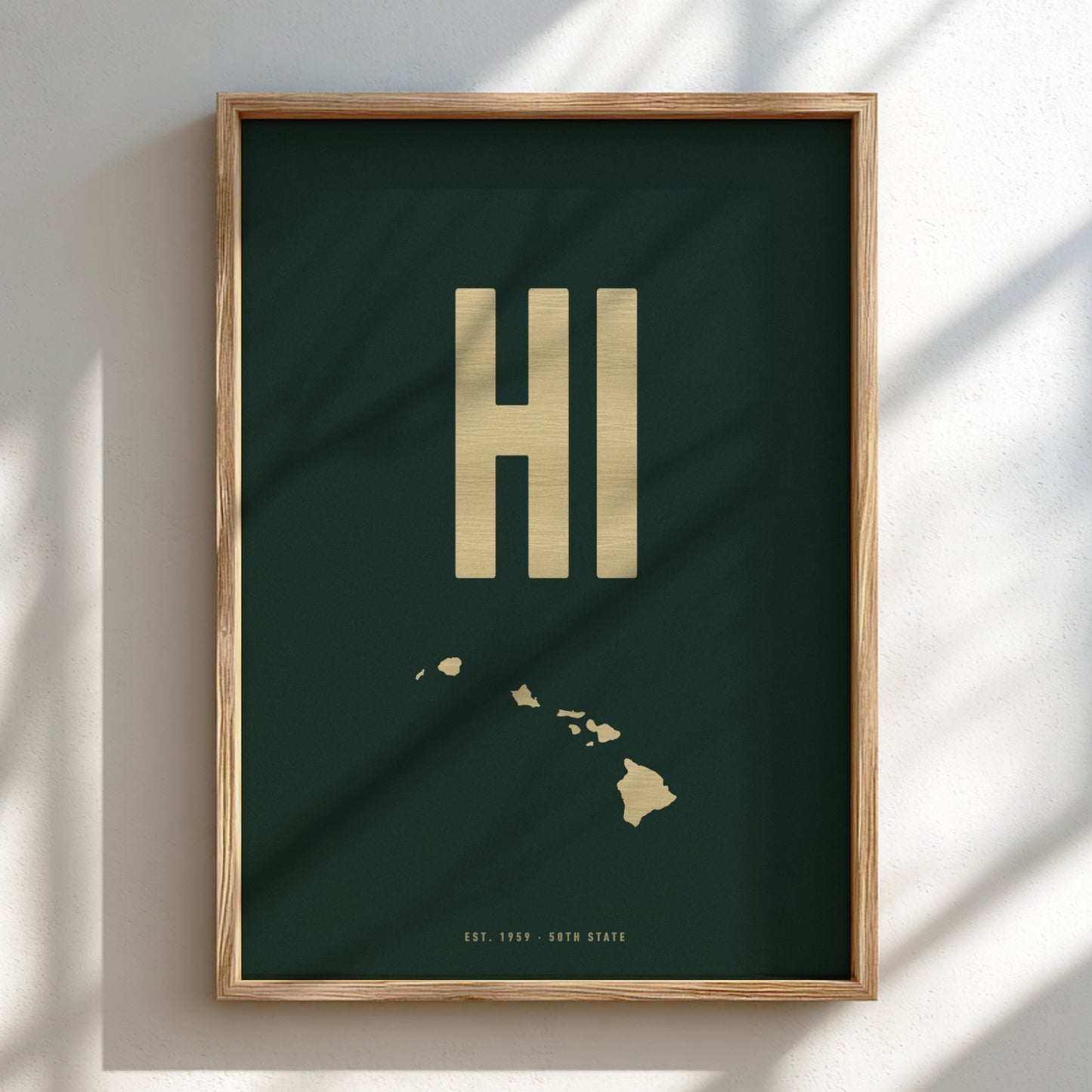 Framed poster with 'HI' and Hawaii map on a dark green background