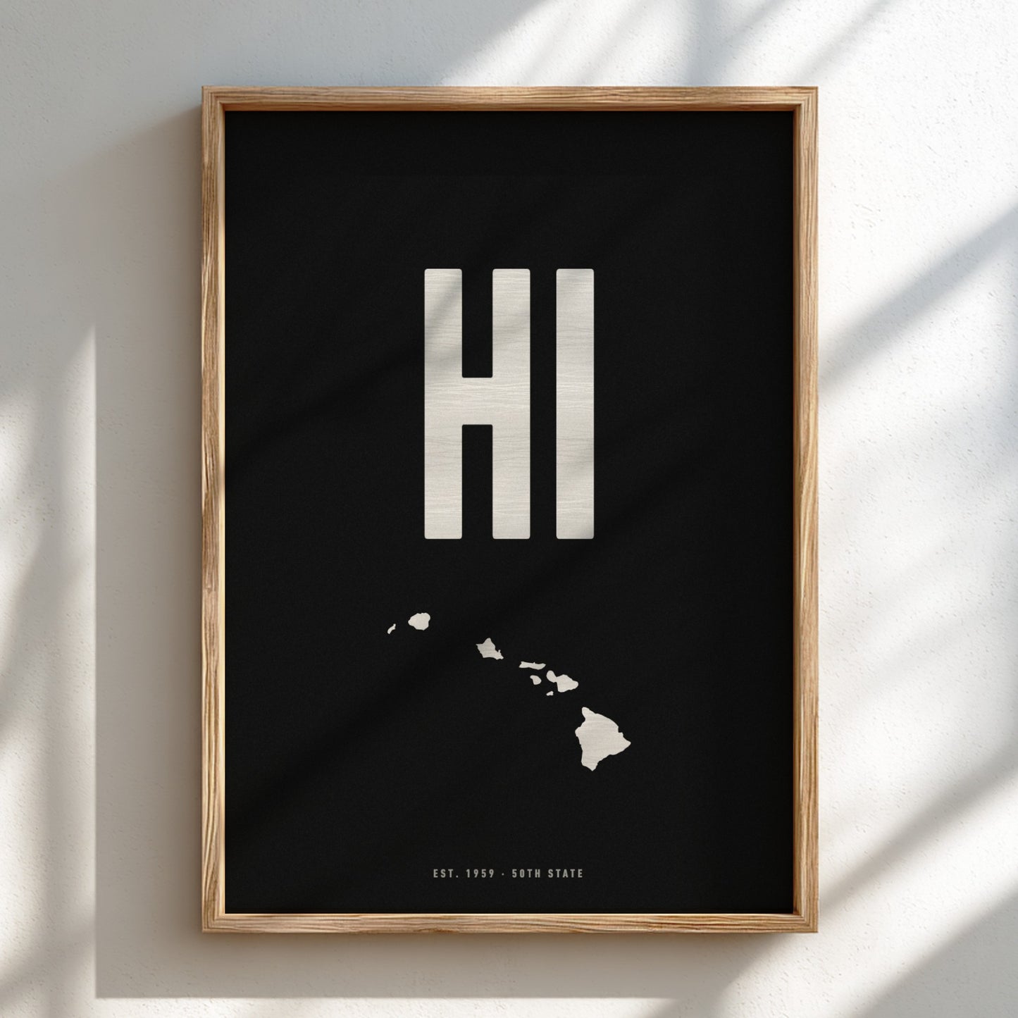 Framed poster with 'HI' and a map of Hawaii on a black background