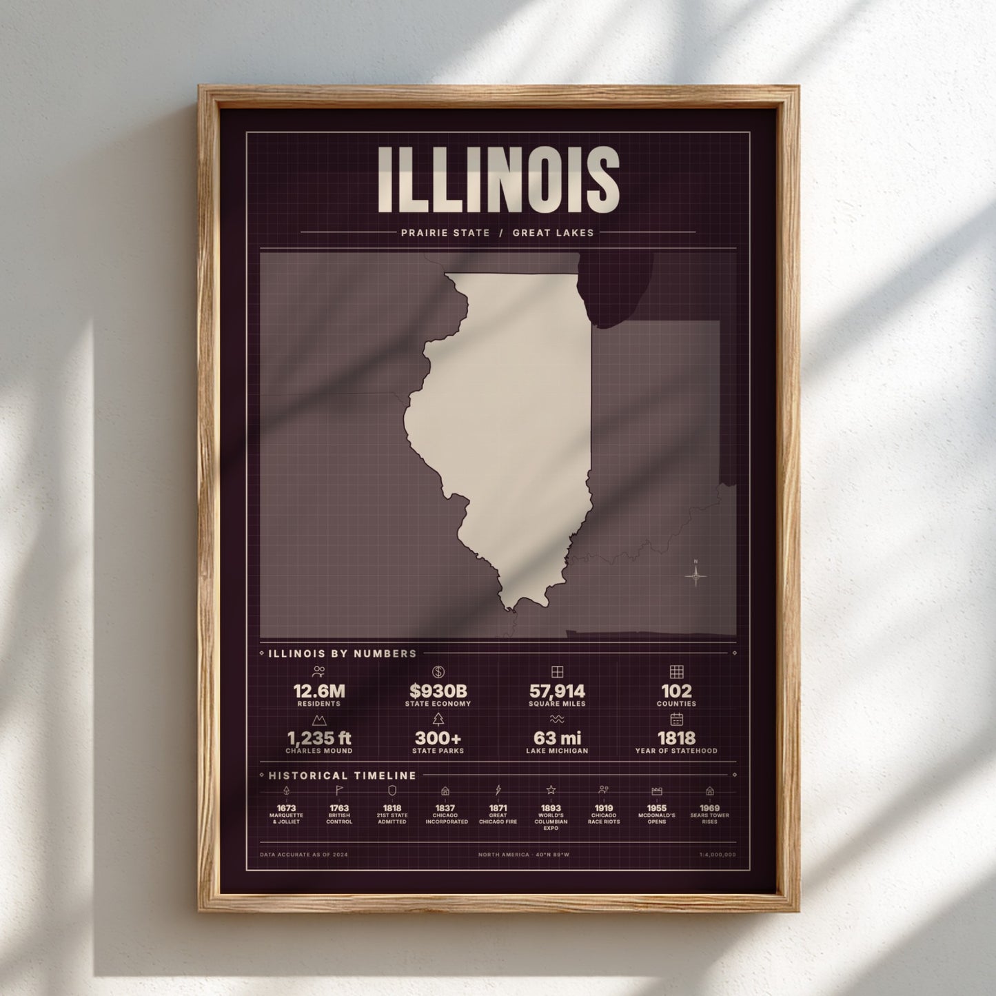 Framed map of Illinois on a light background