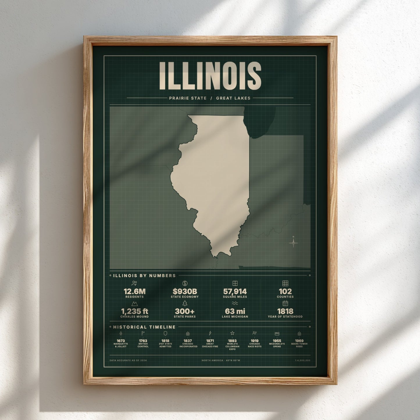 Framed map of Illinois on a light background