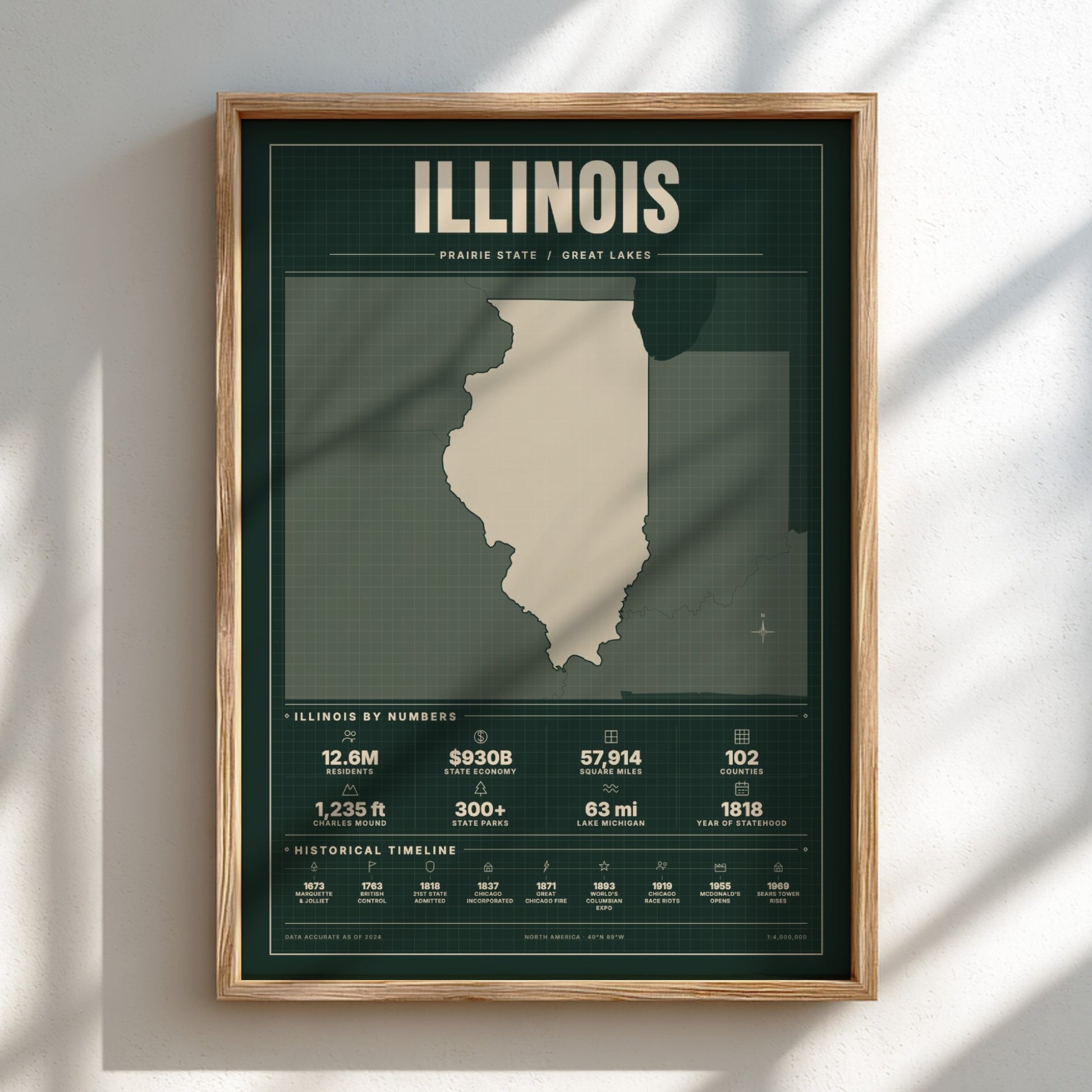 Framed map of Illinois on a light background