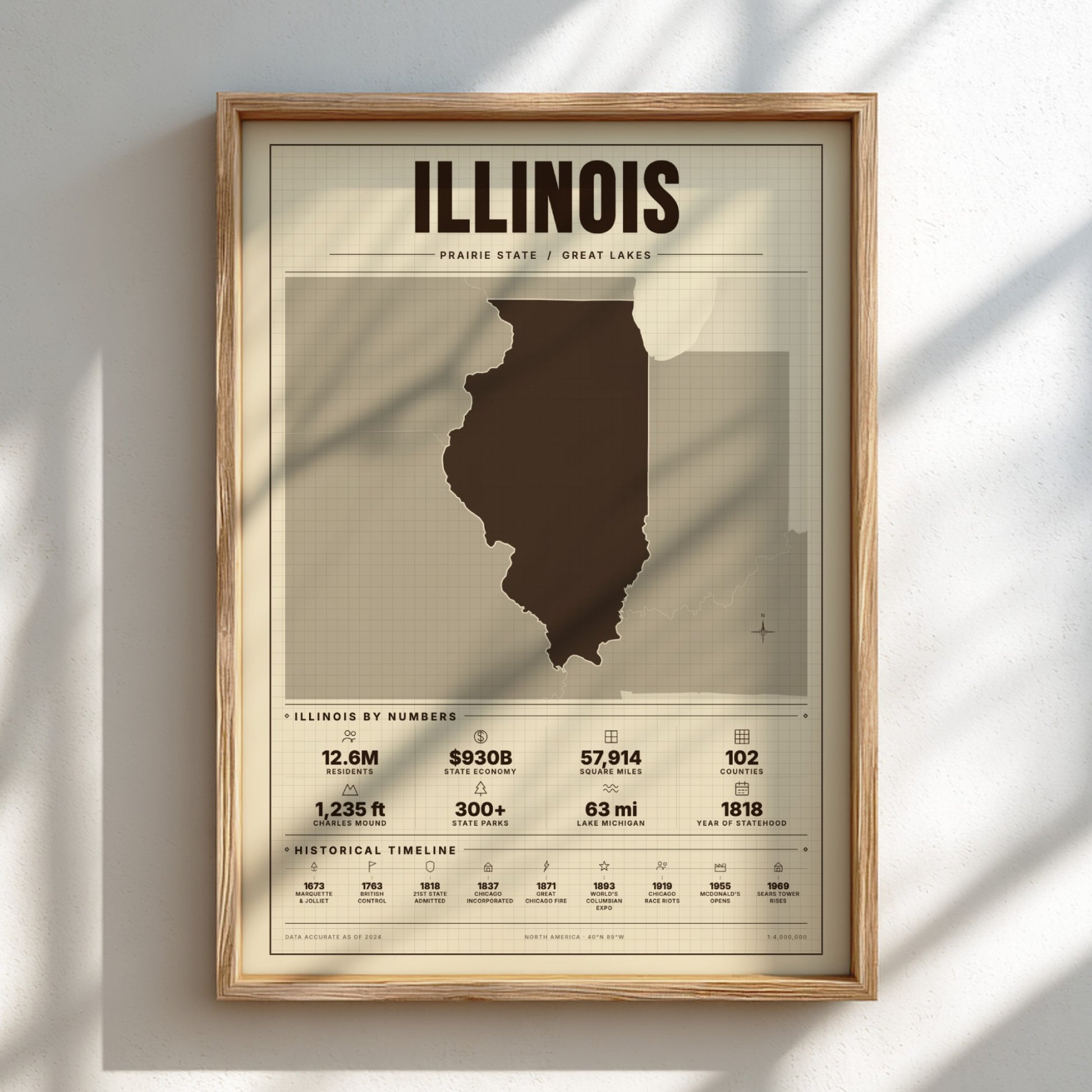 Framed map of Illinois on a light background