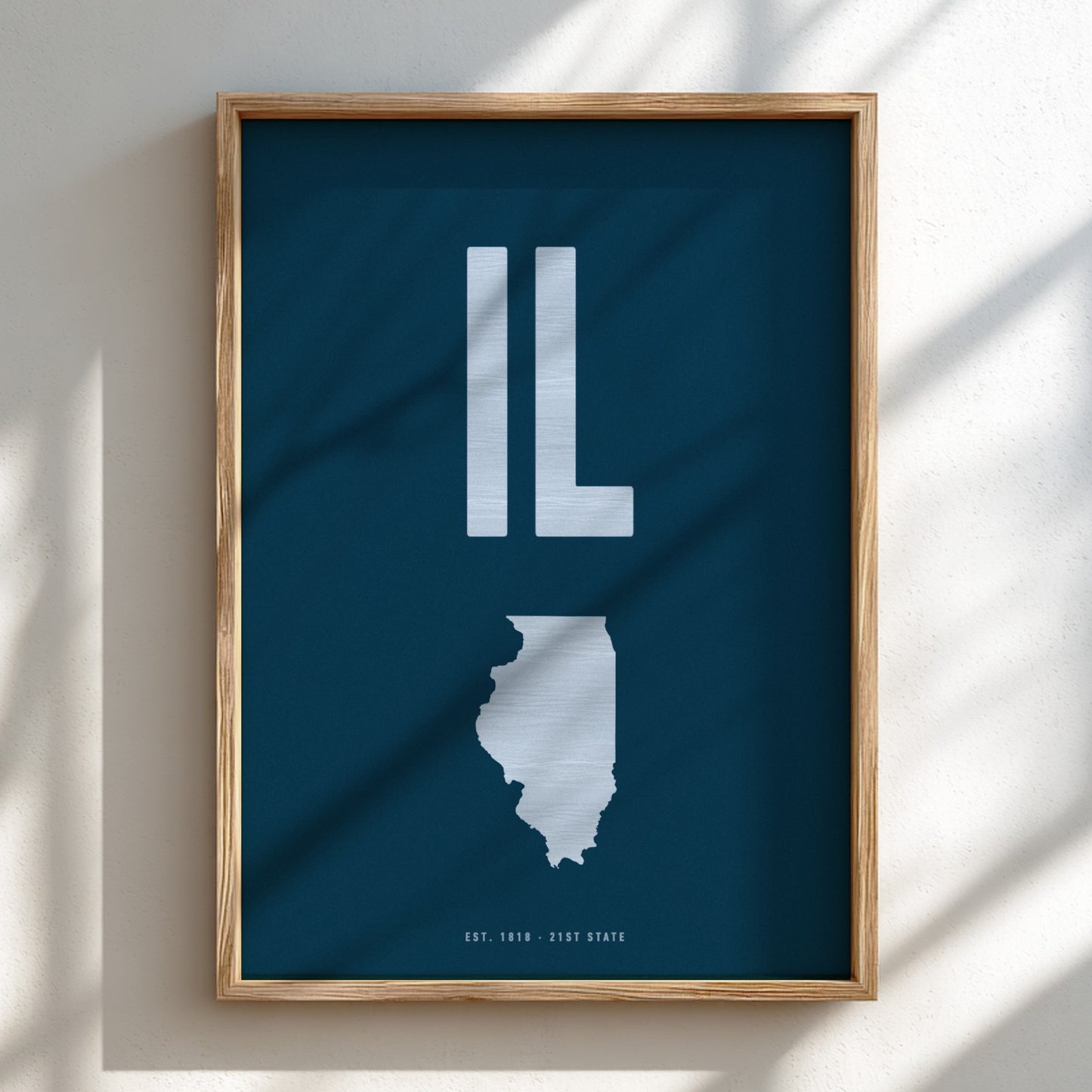 Framed poster of Illinois state outline on a blue background