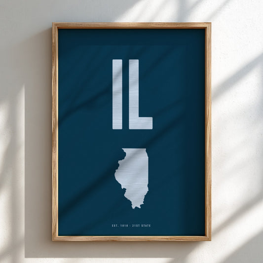 Framed poster of Illinois state outline on a blue background