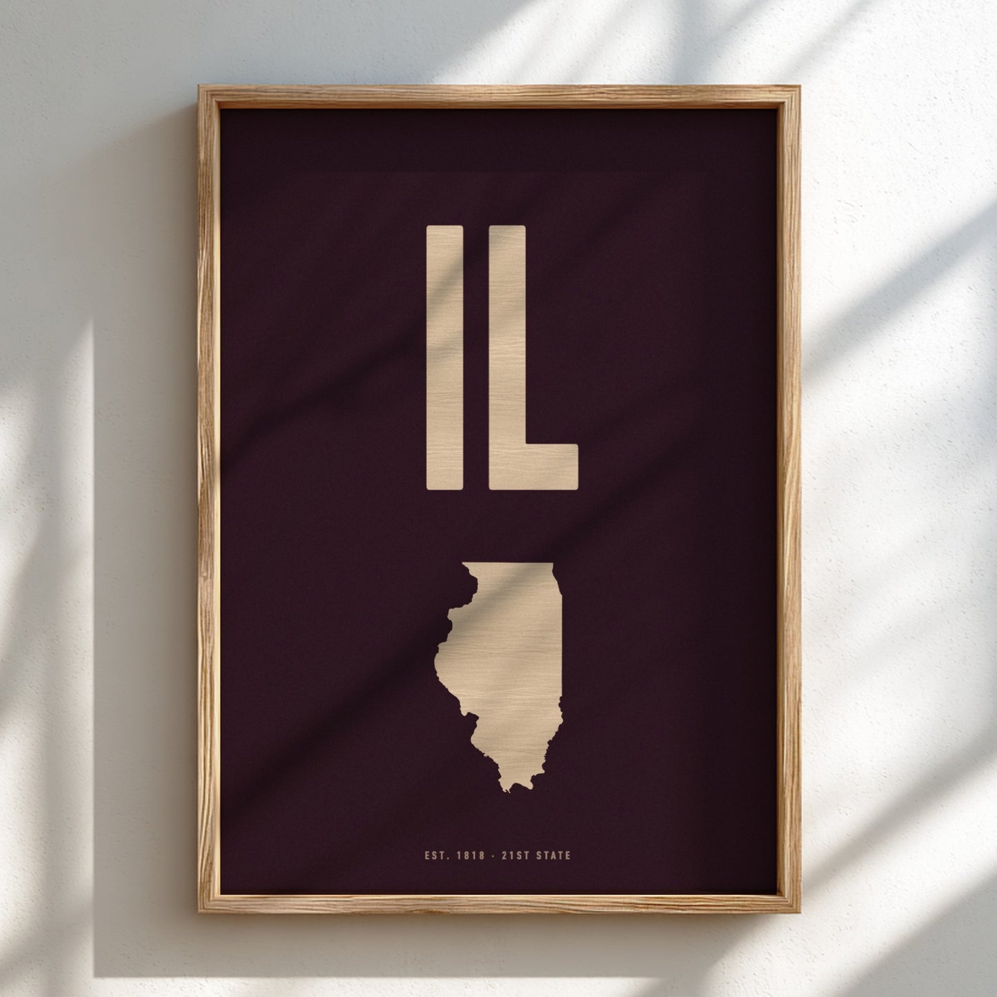 Framed artwork of the state of Illinois with 'IL' on a dark background