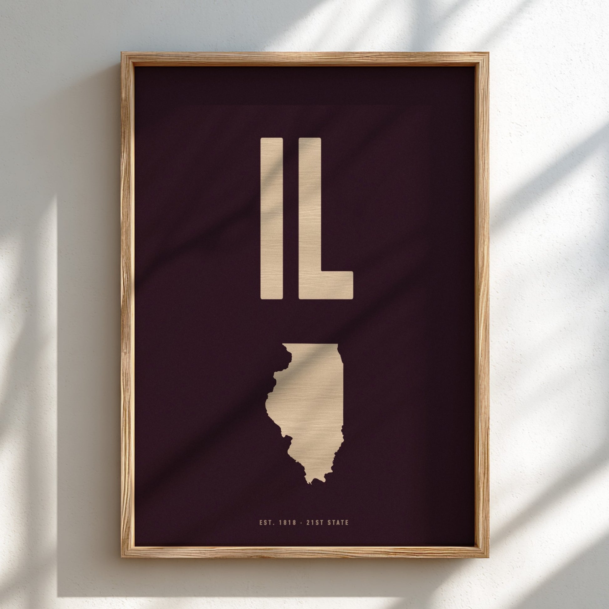 Framed artwork of the state of Illinois with 'IL' on a dark background