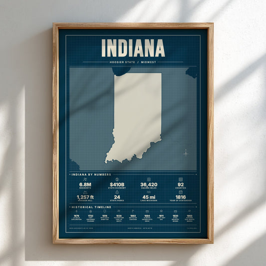 Framed map of Indiana on a white wall with shadows from leaves.