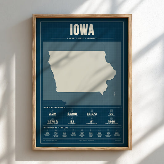 Framed map of Iowa on a white wall with shadows from leaves.