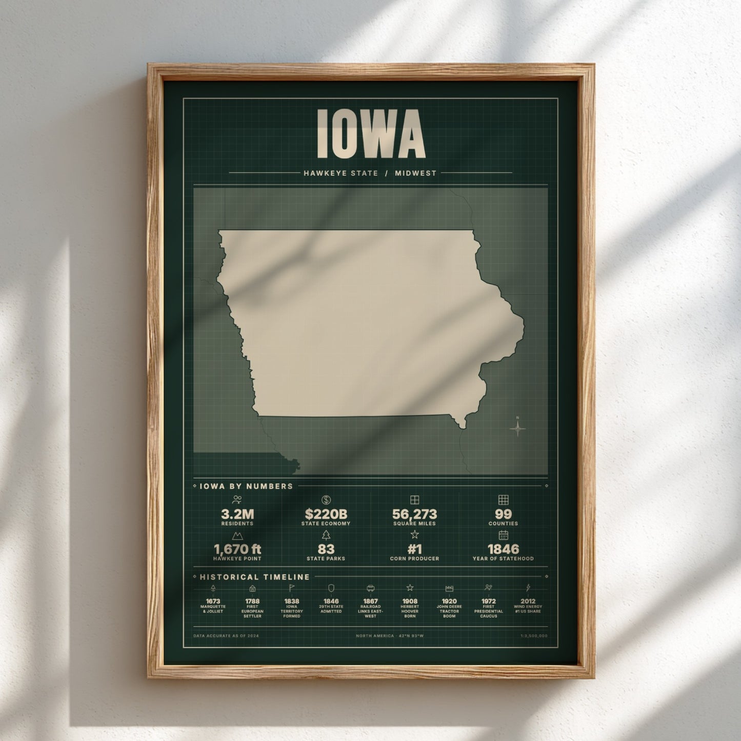 Framed map of Iowa on a light background