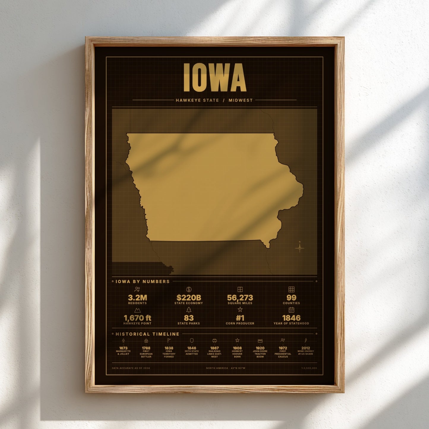 Framed poster of Iowa with gold map and text on a white wall.