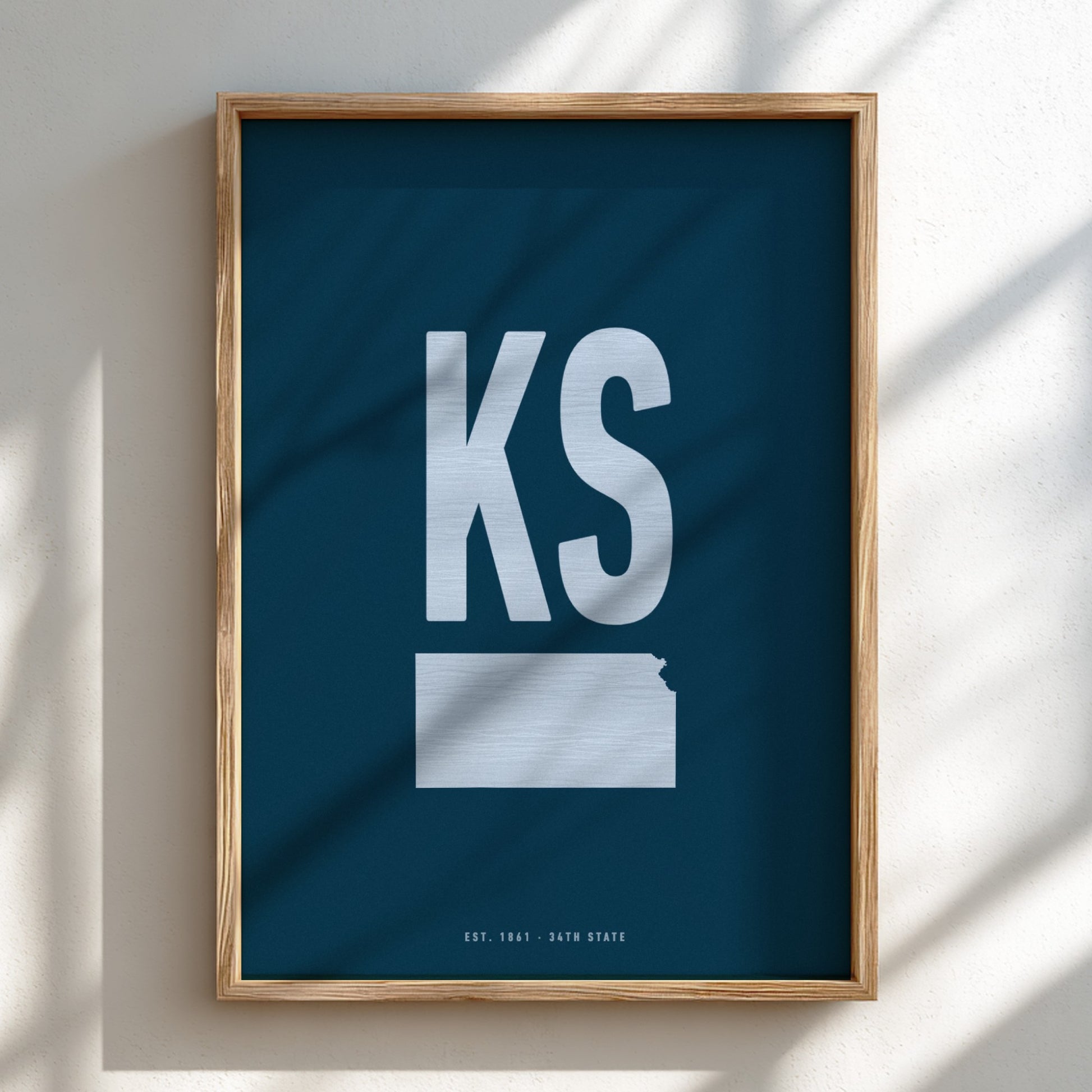 Framed poster with 'KS' and a map of Kansas on a blue background