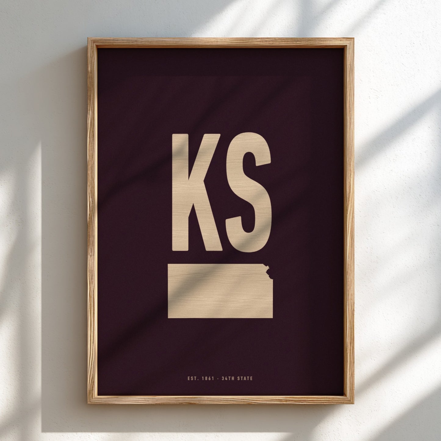 Framed poster with 'KS' and outline of Kansas on a dark background
