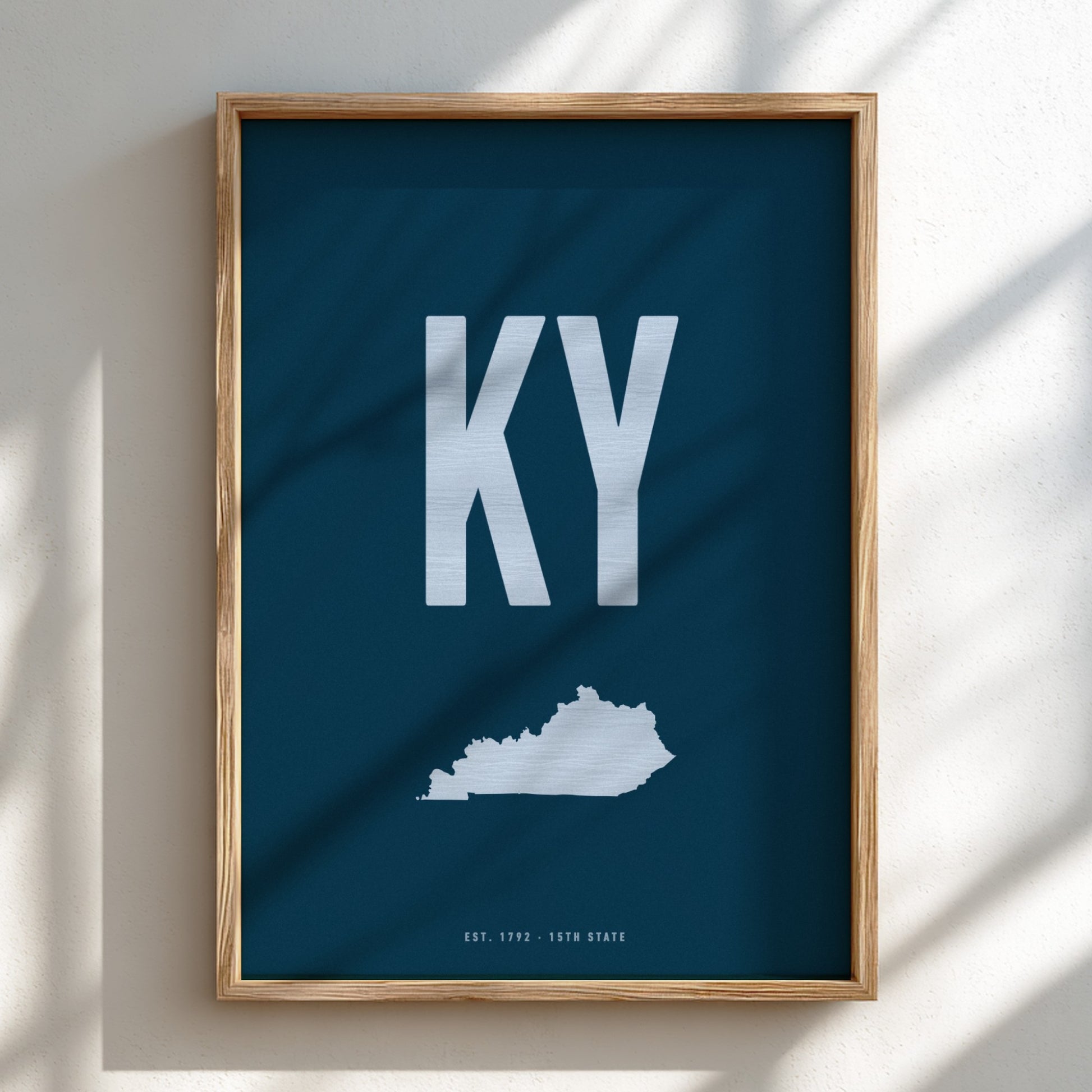 Framed poster with 'KY' and a map of Kentucky on a blue background