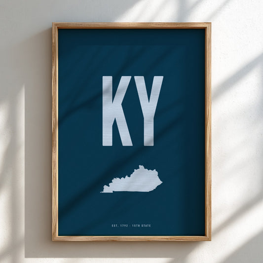 Framed poster with 'KY' and a map of Kentucky on a blue background