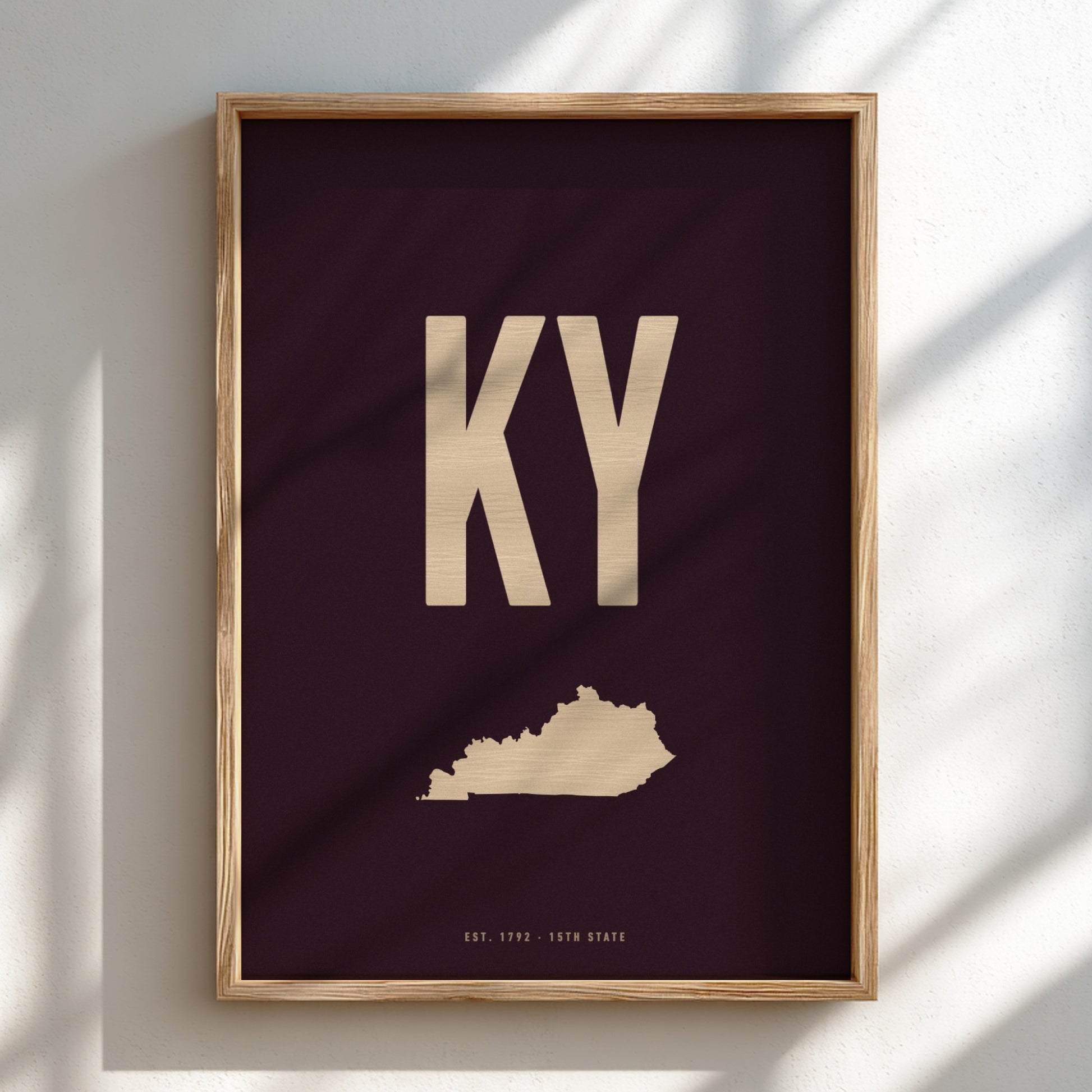 Framed poster with 'KY' and a map of Kentucky on a dark background
