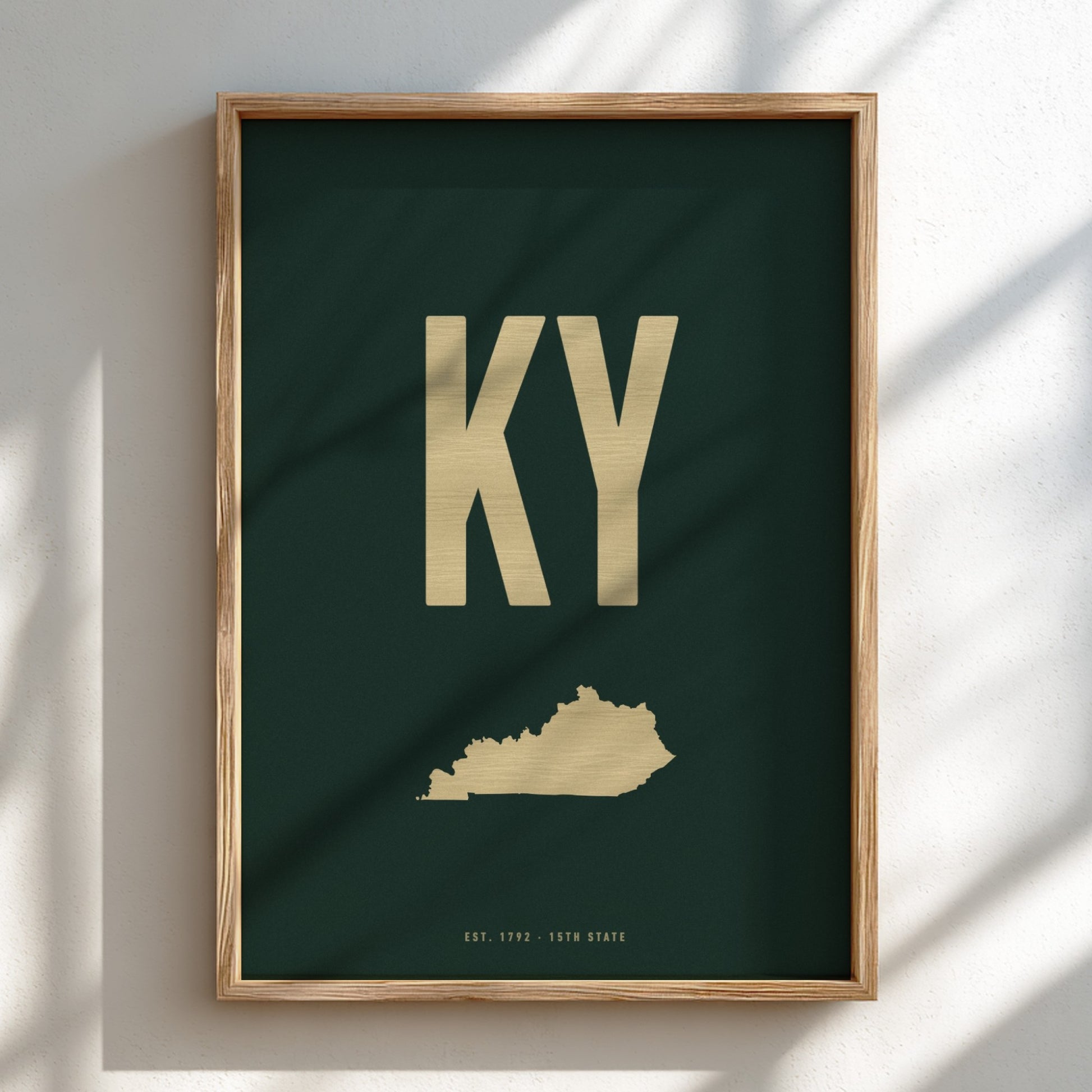 Framed poster with 'KY' and a map of Kentucky on a dark green background