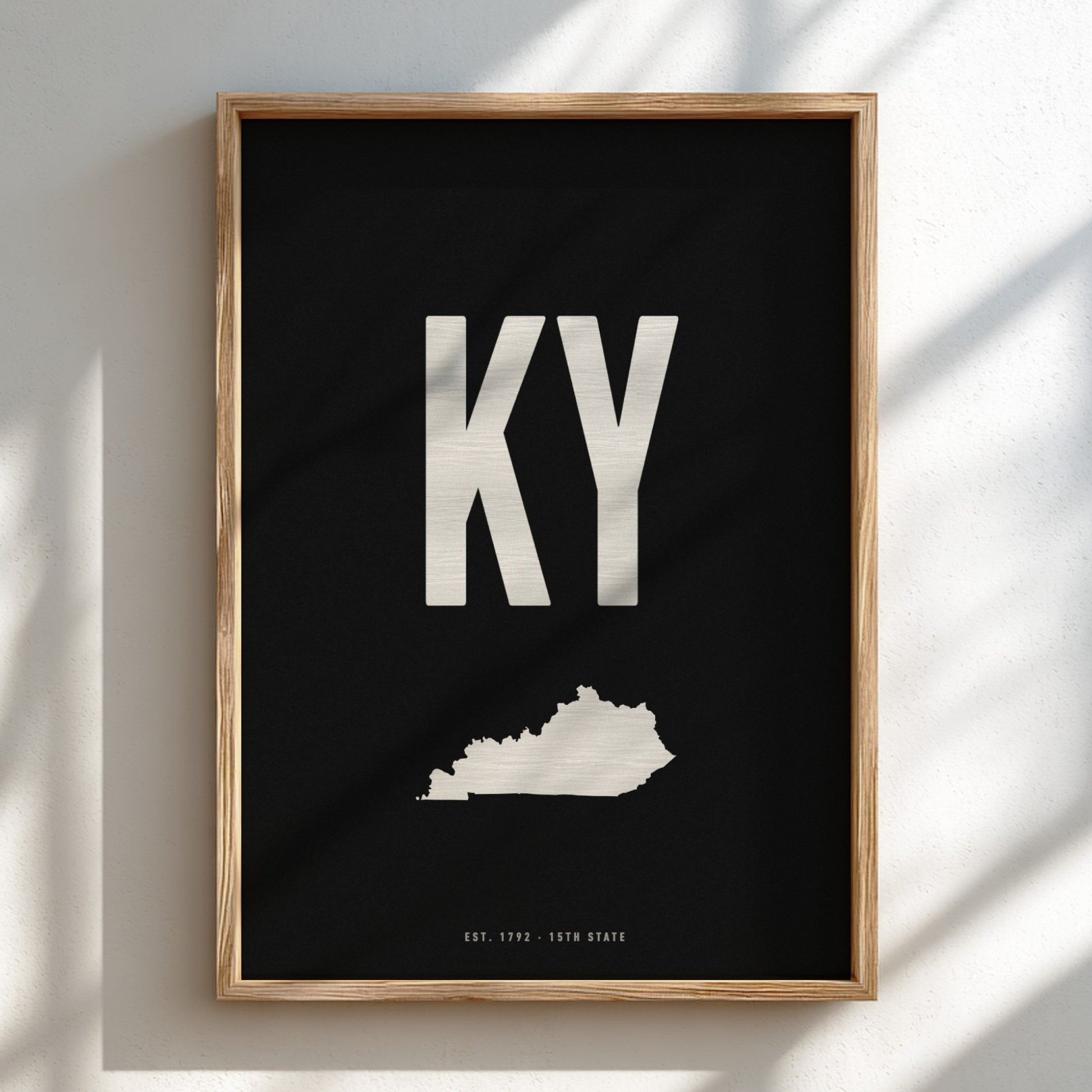 Framed poster with 'KY' and a map of Kentucky on a black background