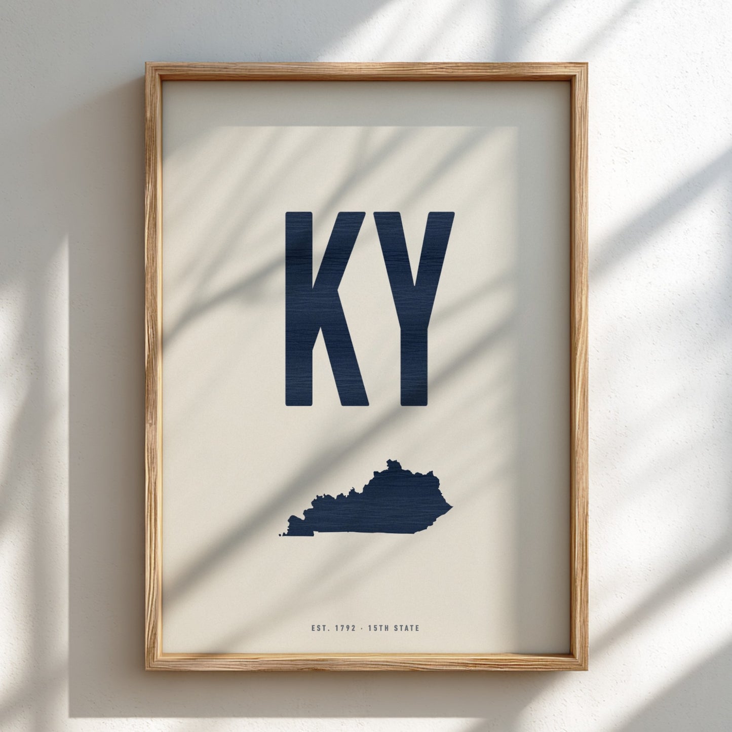 Framed poster with 'KY' and a map of Kentucky on a light background