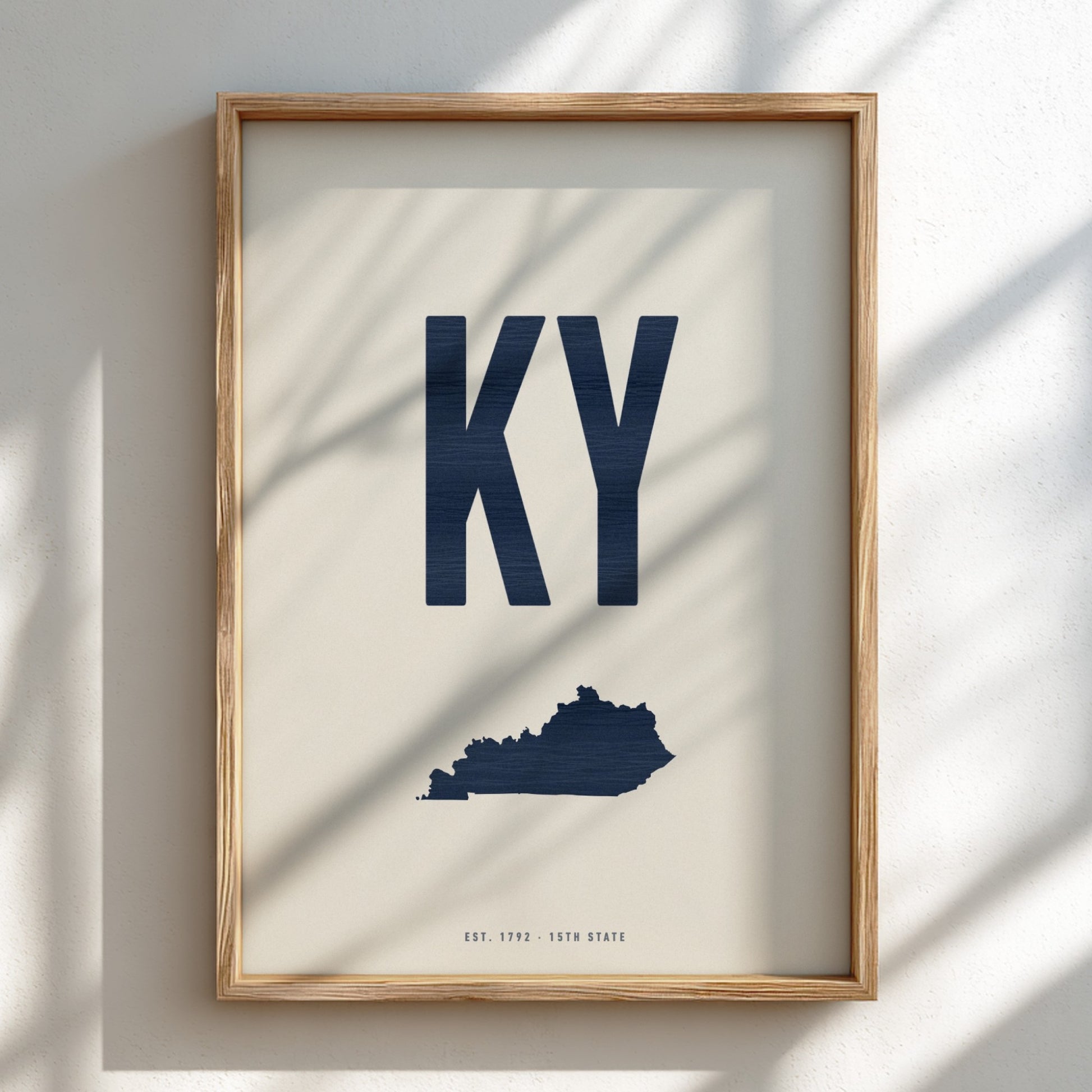 Framed poster with 'KY' and a map of Kentucky on a light background