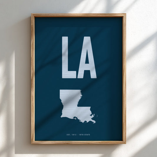 Framed poster with 'LA' and a map of Louisiana on a blue background