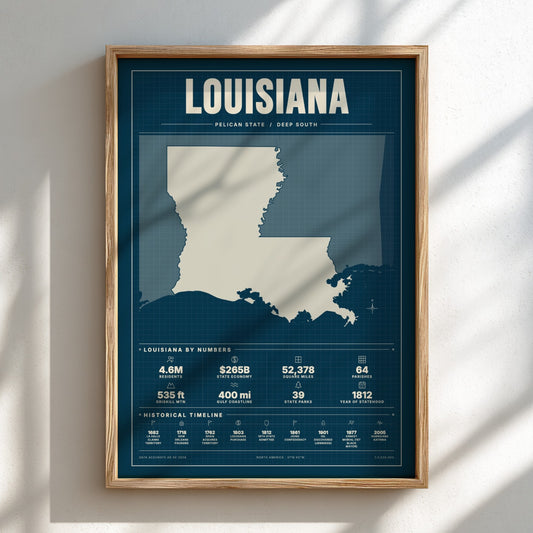 Framed map of Louisiana on a white wall with shadows