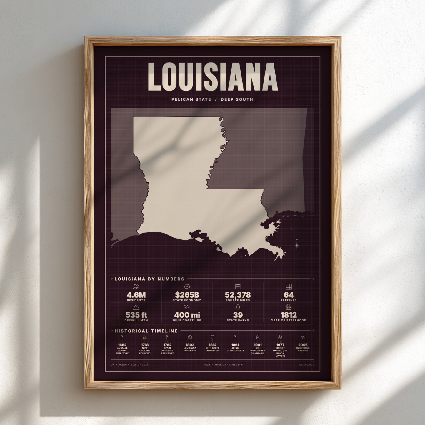 Framed map of Louisiana on a light background