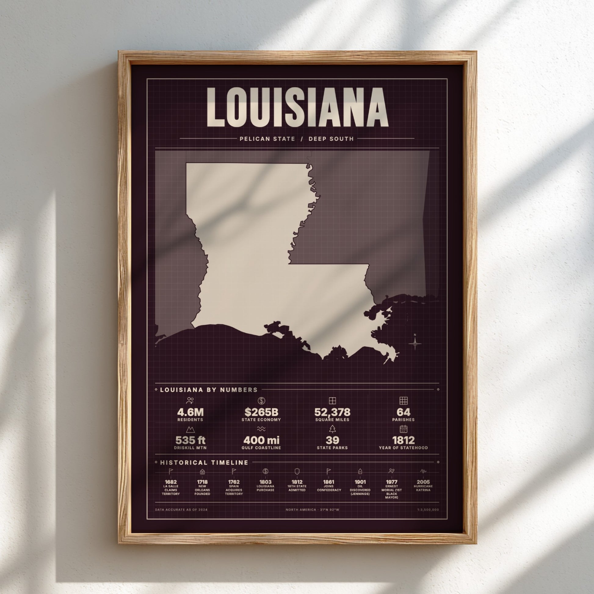 Framed map of Louisiana on a light background
