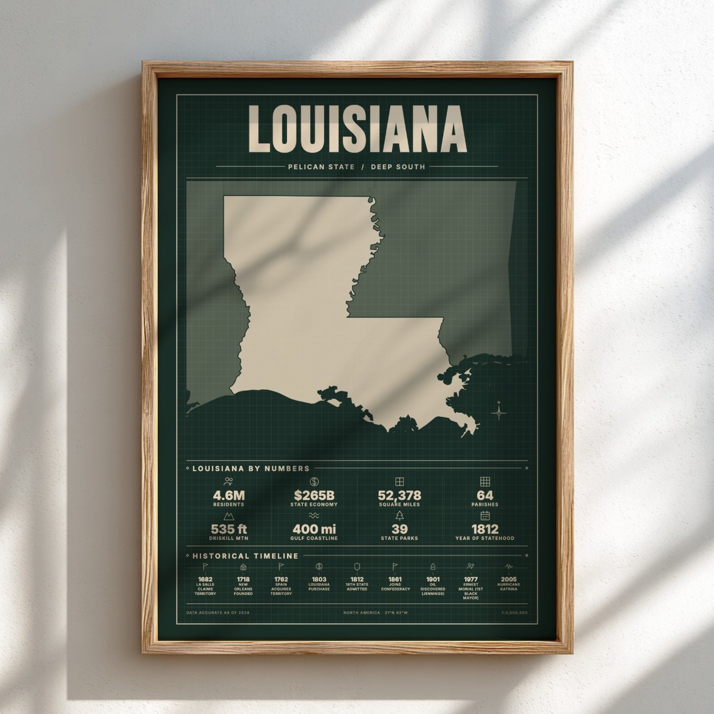 Framed map of Louisiana on a light background