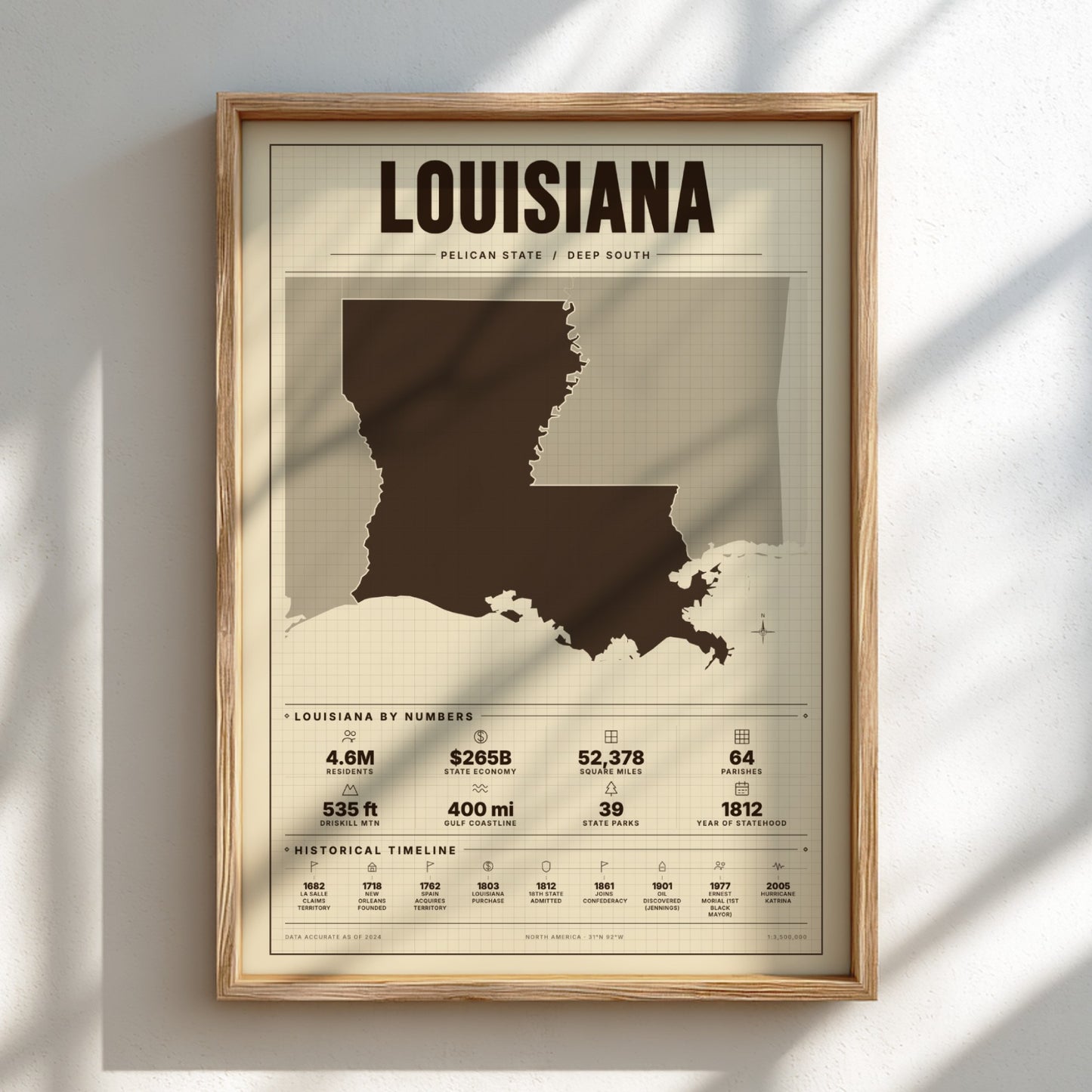 Framed map of Louisiana on a light background