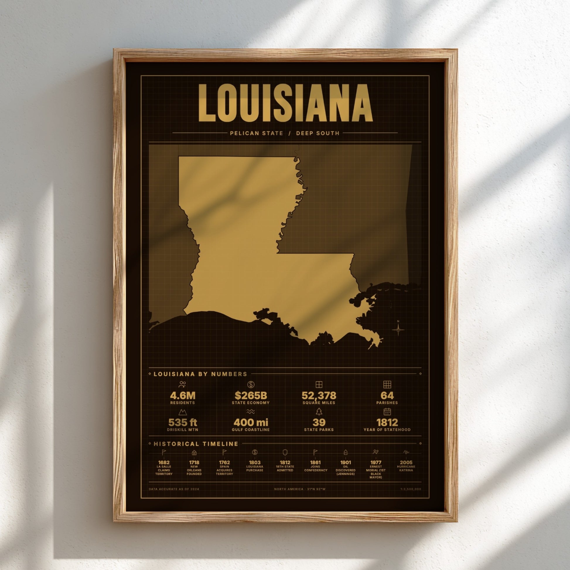 Framed poster of Louisiana with gold and black design on a white wall.