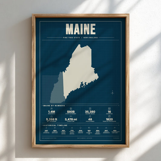 Framed map of Maine on a white wall with shadows