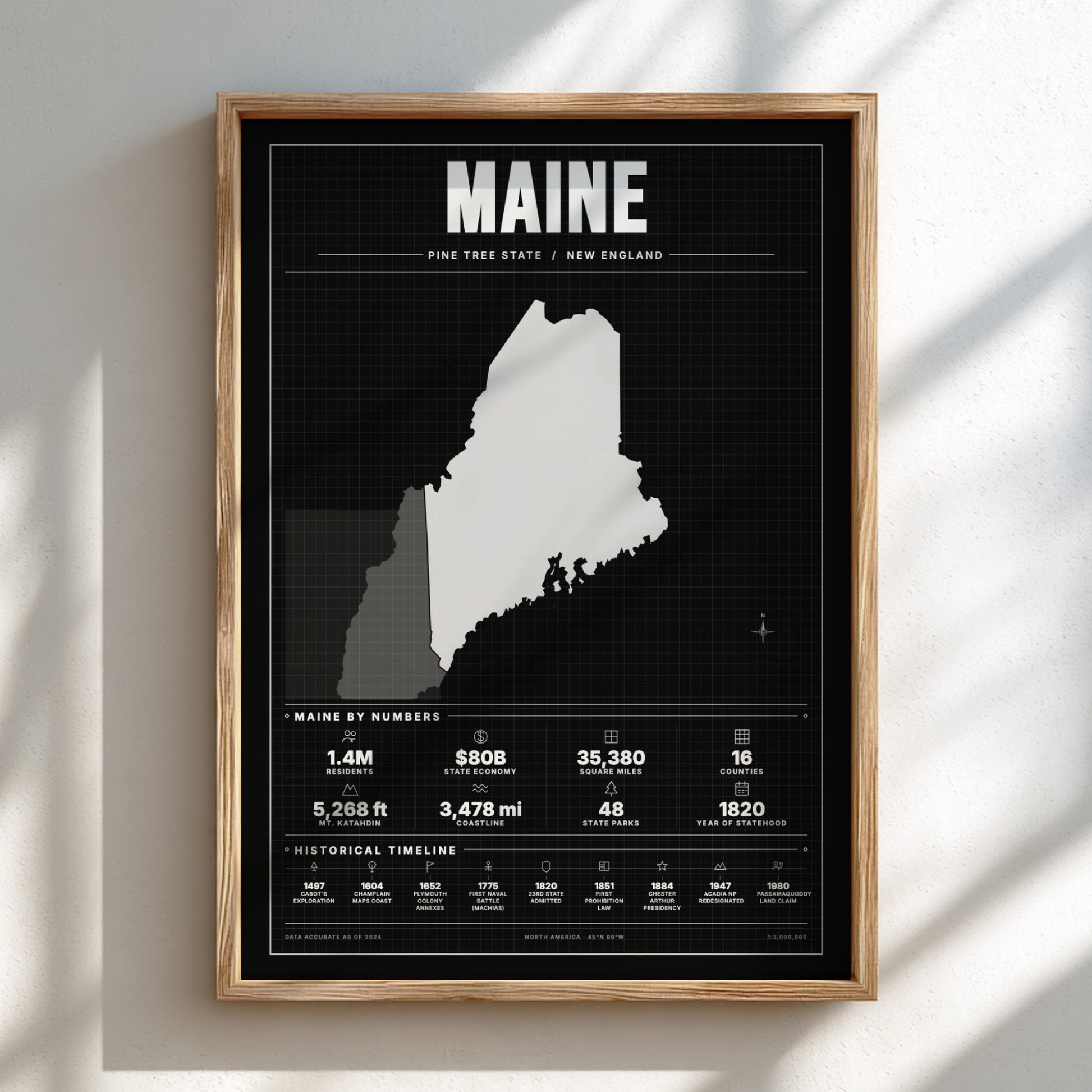 Framed map of Maine on a black background with white text