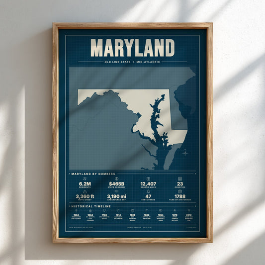 Framed map of Maryland on a white wall