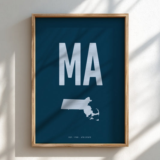 Framed poster with 'MA' and a map of Massachusetts on a blue background