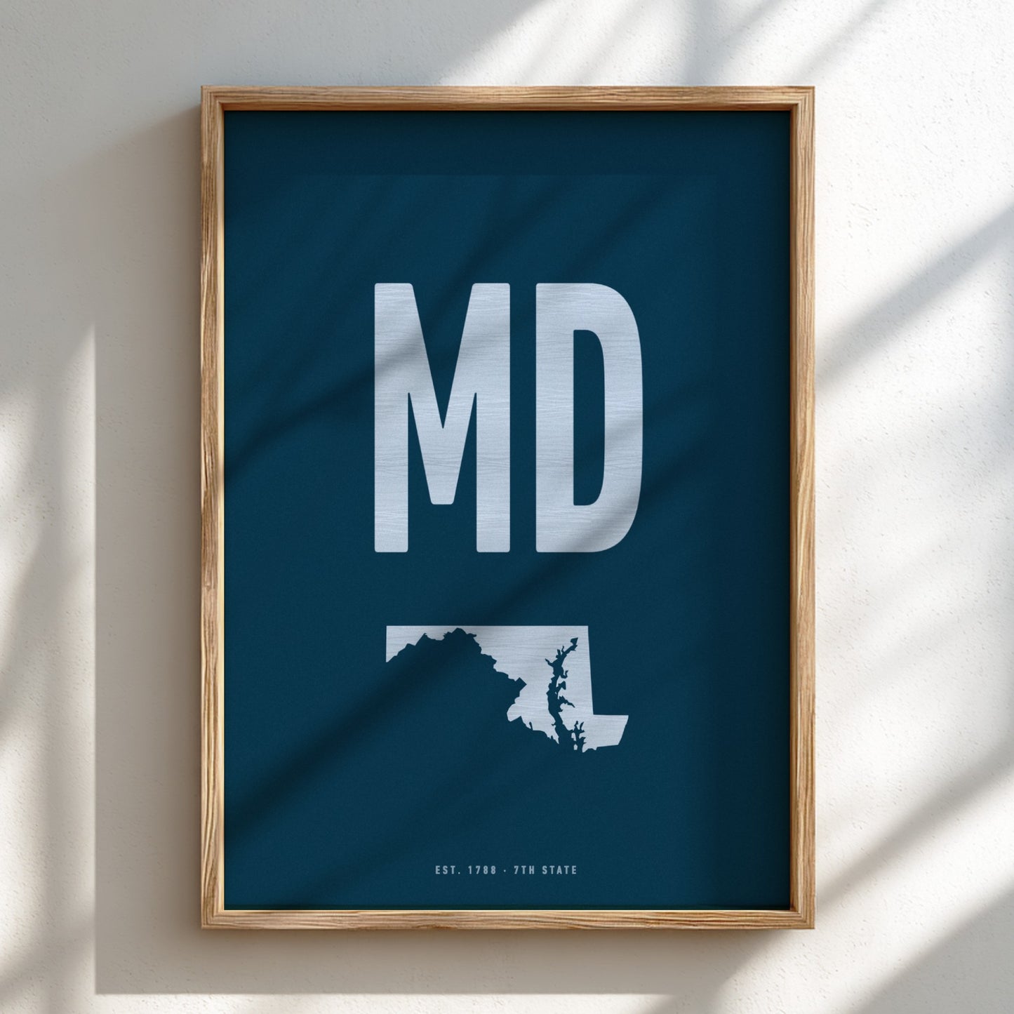 Framed poster with 'MD' and a map of Maryland on a blue background
