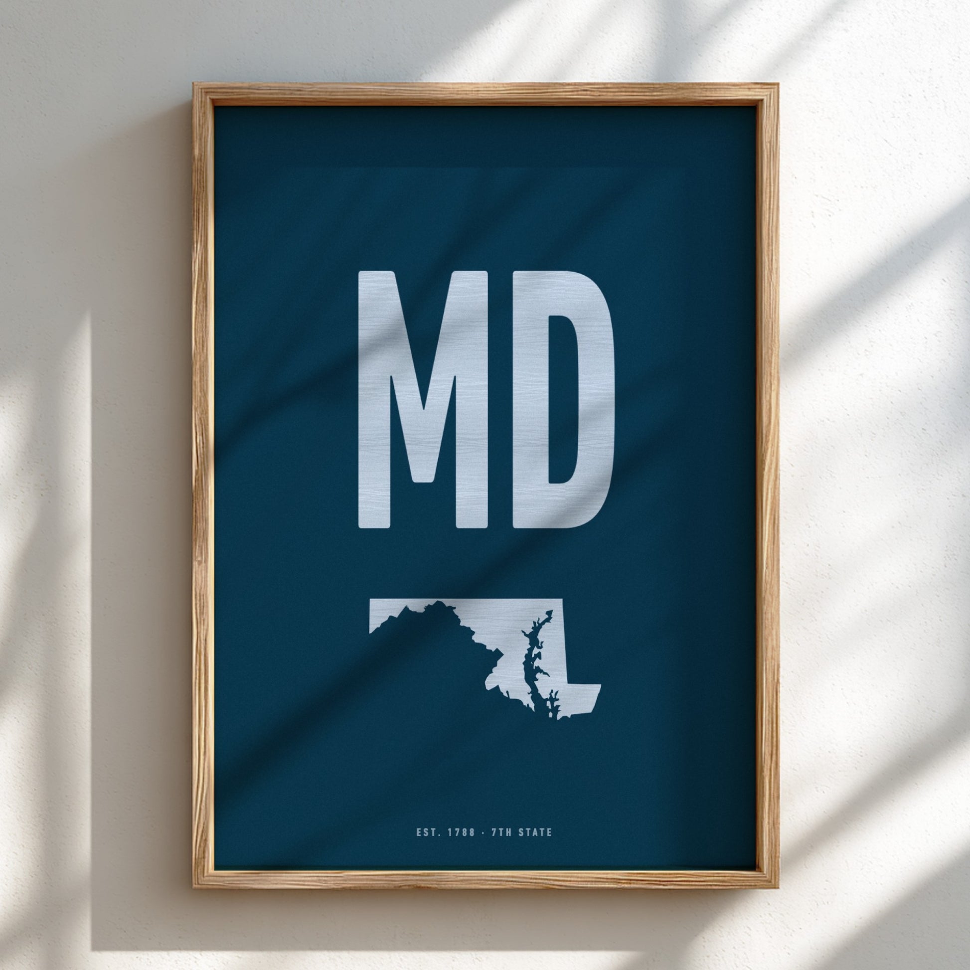 Framed poster with 'MD' and a map of Maryland on a blue background