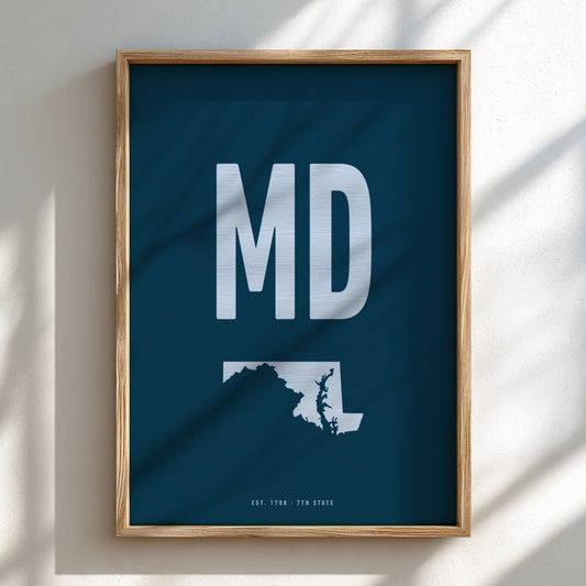 Framed poster with 'MD' and a map of Maryland on a blue background