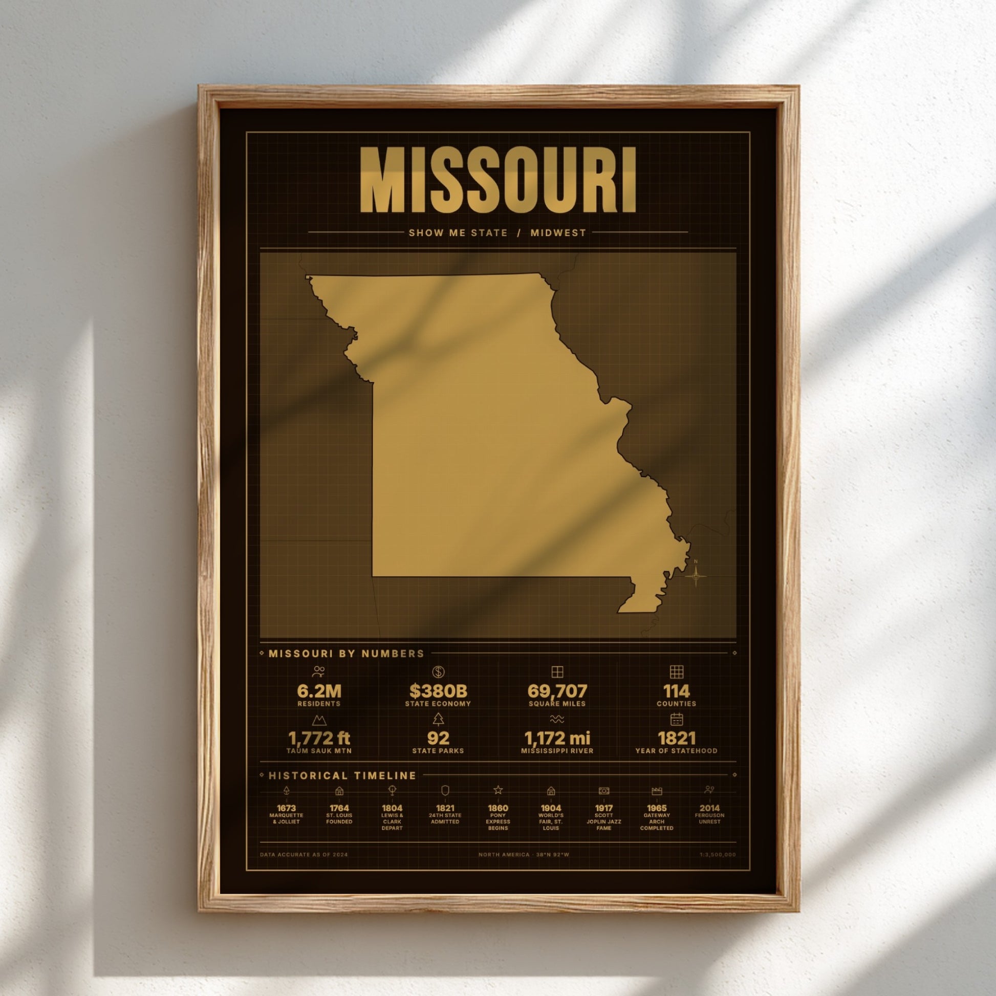 Framed poster of Missouri with gold design on a light background