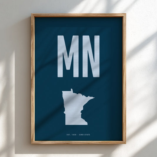 Framed poster with 'MN' and a map of Minnesota on a blue background