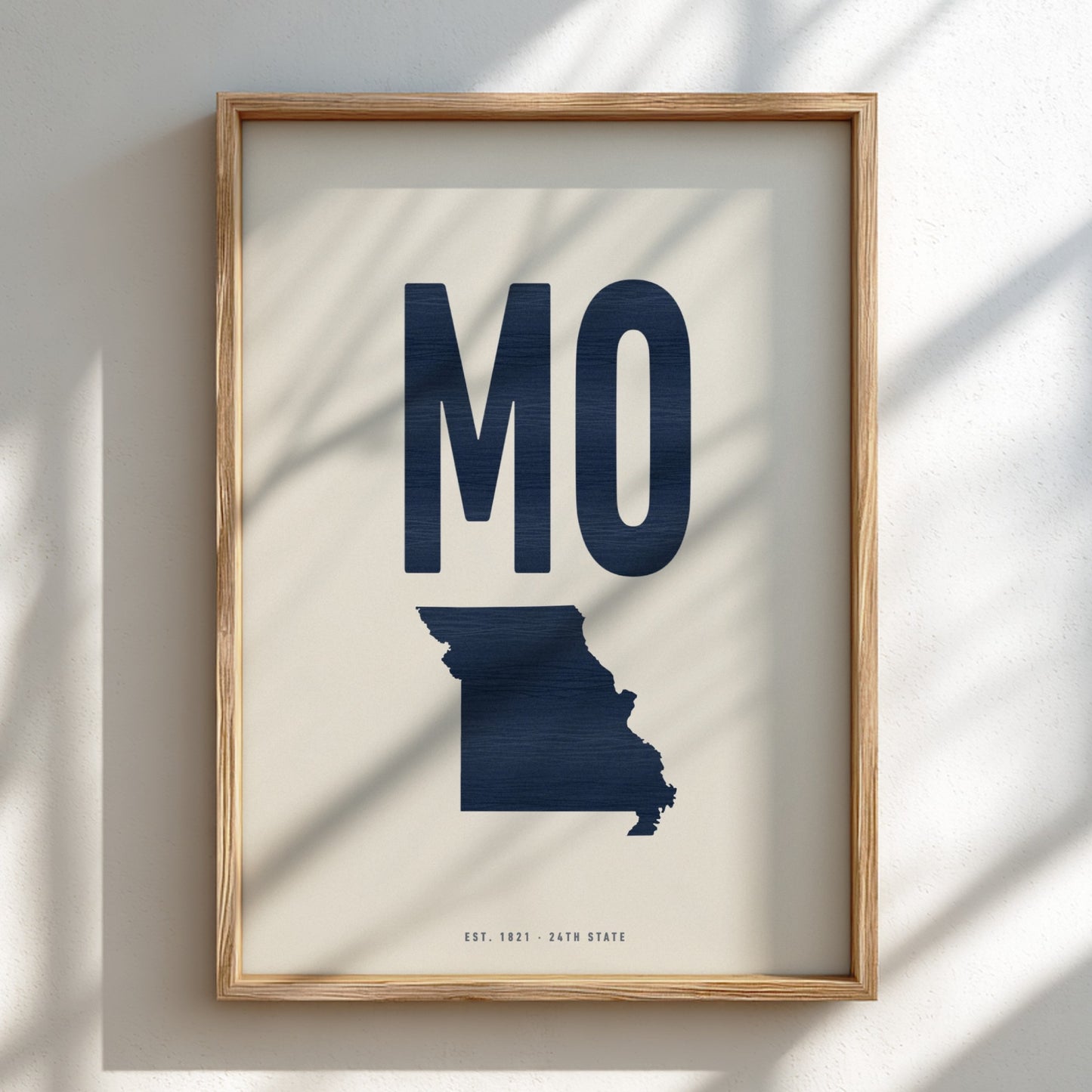 Framed artwork with 'MO' and a map of Missouri on a light background