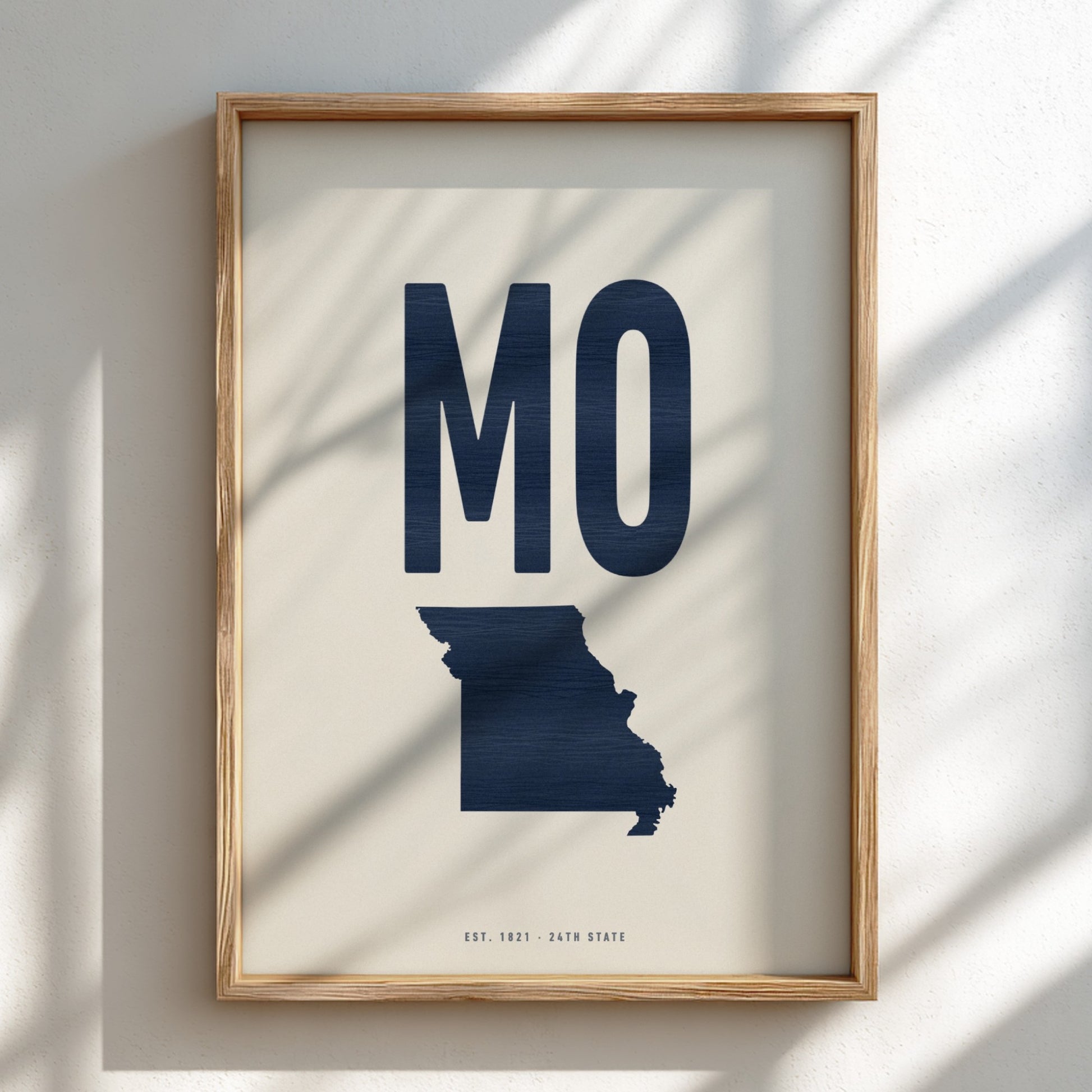 Framed artwork with 'MO' and a map of Missouri on a light background