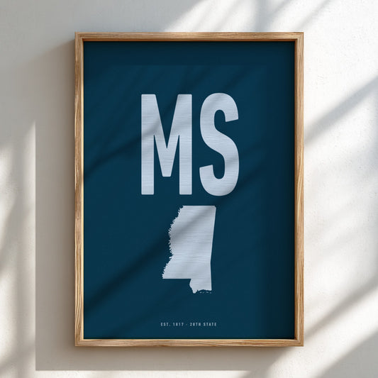 Framed poster with 'MS' and a map of Mississippi on a blue background